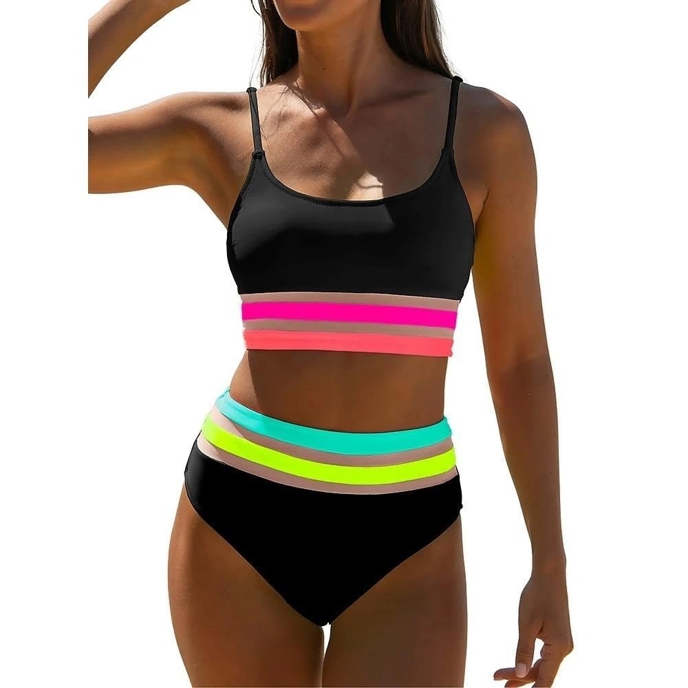 NWT Popvil Womens High Waisted Bikini Set Neon Colorblock 2Piece Swimsuit Medium